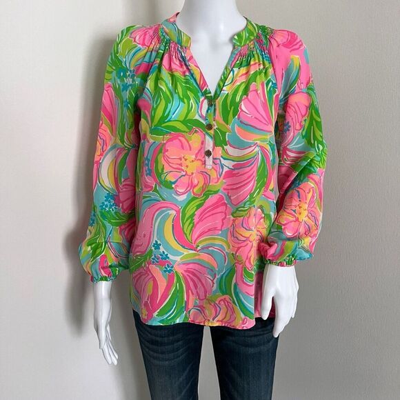 Lilly Women's Elsa Silk Blouse Size XXS Pink Green Elephant Print So A Peeling - Picture 1 of 10